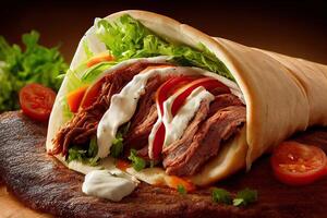 saboroso doador Kebab shawarma lista embrulho ilustração. generativo ai Comida foto