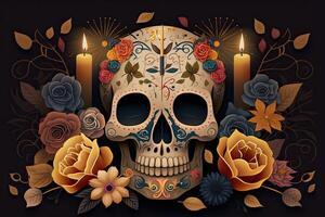 dia de los muertos fundo dia do a morto arte decoração, ossos crânio flor enfeite feriado papel de parede, generativo ai foto