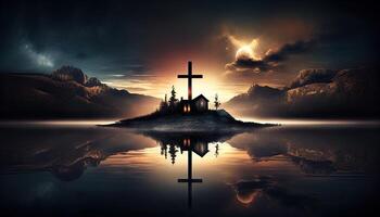 religião panorama fundo, cristão Cruz em natureza pano de fundo, generativo ai foto