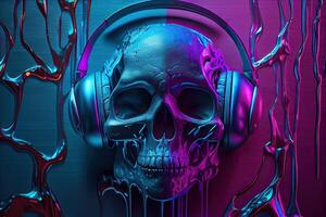 cyber crânio com fones de ouvido em azul roxa fundo, generativo ai foto