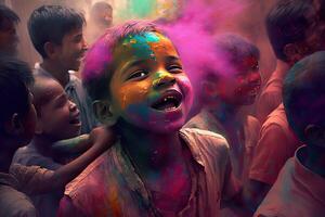 holi feriado celebração fundo com pessoa retrato dentro roxa Rosa pintura em face, generativo ai foto