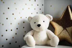 branco parede com ouro estrelas adesivos e Urso de pelúcia Urso dentro a interior. ilustração ai generativo foto