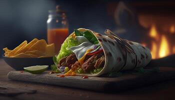 saboroso doador Kebab shawarma lista embrulho ilustração. generativo ai Comida foto