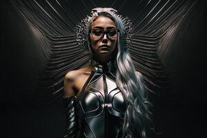 uma lindo mulher com dela cabelo baixa dentro uma futurista. ilustração ai generativo foto