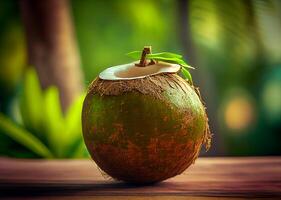 maduro coco em uma de madeira mesa em uma verde fundo. ai gerado foto