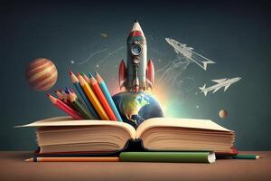 livros e lápis com foguete esboço. ilustração ai generativo foto