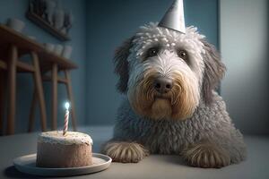 cachorros dentro aniversário cápsulas sentar às Festa. ilustração ai generativo foto