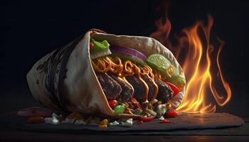 saboroso doador Kebab shawarma lista embrulho ilustração. generativo ai Comida foto