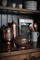 café feijões dentro uma cobre caneca em uma estante dentro uma rústico cozinha. ilustração ai generativo foto