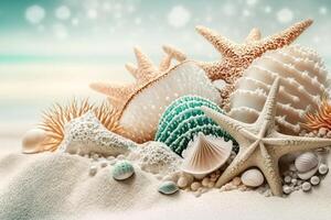 lindo cartuchos, corais e estrelas do mar em puro branco areia. ilustração ai generativo foto
