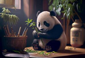 fofa bebê panda come bambu. ilustração generativo ai foto