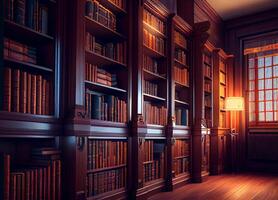 de madeira privado biblioteca com uma ampla coleção do livros. ai gerado foto