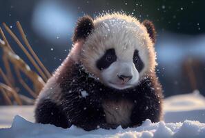 fofa bebê panda dentro neve inverno. ilustração generativo ai foto