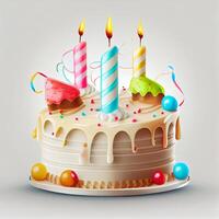 feliz aniversário ilustrado bolo com velas. generativo ai foto