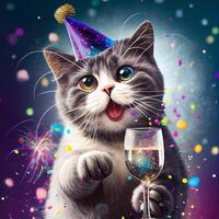 feliz aniversário gato com champanhe garrafa. generativo ai foto