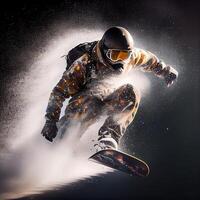 homem dentro esqui óculos passeios uma snowboard a partir de uma Nevado montanha. ilustração generativo ai foto