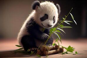 fofa bebê panda come bambu. ilustração generativo ai foto