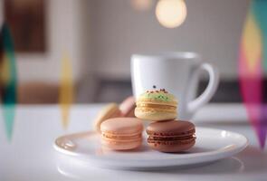 fechar-se do colorida doce macarons sobremesa com copo do café generativo ai foto