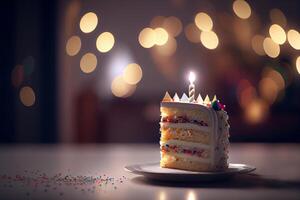feliz aniversário cumprimento cartão com bolo dentro bokeh fundo generativo ai foto