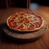 pizza em de madeira borda. ilustração generativo ai foto