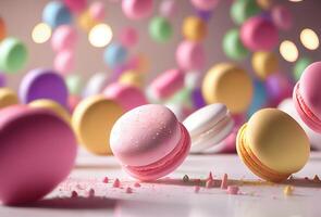 fechar-se do colorida doce macarons sobremesa generativo ai foto