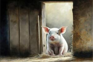 ai gerado fofa leitão dentro a celeiro. aguarela pintura do fofa porco Fazenda animais. foto