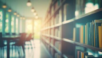 borrado Sala de aula com estantes de livros Sediada em defocussed efeito. abstrato borrado esvaziar universidade biblioteca interior espaço. usar para fundo ou pano de fundo dentro livraria o negócio ou Educação conceitos foto