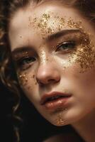 jovem lindo mulher com dourado Maquiagem foto