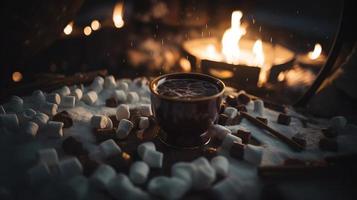 quente chocolate com marshmallows dentro frente do uma lareira dentro inverno foto