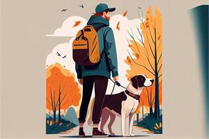 outono viagem do uma homem com uma cachorro, fundo. foto
