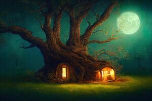 ilustração mágico noite com uma pequeno casa dentro uma árvore tronco foto