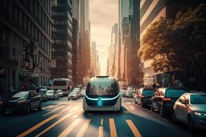 uma auto dirigindo carro navegação através cidade. tecnologia iot. inteligente cidade. generativo ai foto