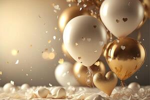 romântico fundo com dourado balões dentro a Formato do corações, confete. cumprimento cartão para santo namorados ou aniversário. generativo ai foto