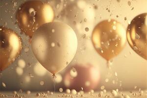 festivo luxo fundo com dourado inflável balões, confete, borrado fundo com bokeh efeito. generativo ai foto