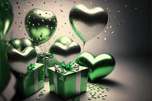 festivo fundo com metálico verde e prata balões e presentes para Novo ano ou dia dos namorados dia ou qualquer de outros feriado. foto
