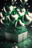 festivo fundo com metálico verde e prata balões e presentes para Novo ano ou dia dos namorados dia ou qualquer de outros feriado. foto