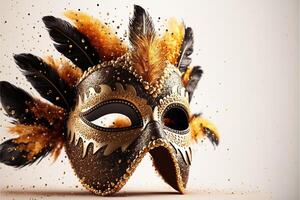 realista luxo carnaval mascarar com penas, ouro pó, e luz efeitos. generativo ai. foto
