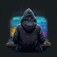 encapuzado hacker com computador portátil às trabalhar. símbolo do a darknet e ilegal Atividades em a Internet. generativo ai foto