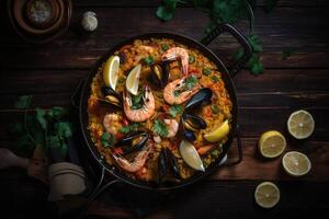 tradicional espanhol paella com frutos do mar com limões dentro Preto wook. topo visualizar. gerado ai. foto