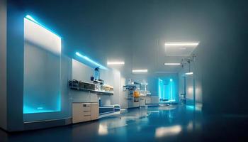 abstrato científico médico interior borrado fundo. azul claro. médico pesquisa conceito. ai renderizar. foto