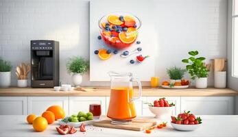 misturador do fruta laranja suco e baga com saladas prato café da manhã em a mesa dentro a moderno cozinha, generativo ai foto