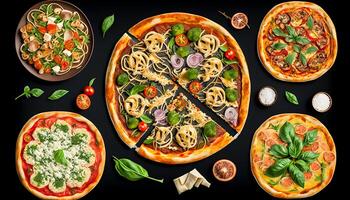 topo Visão italiano Comida pratos e pizza em Sombrio fundo, generativo ai foto