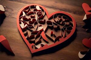decoração dentro a forma do uma vermelho coração, cortar fora, em uma de madeira mesa, dia dos namorados dia. generativo ai foto