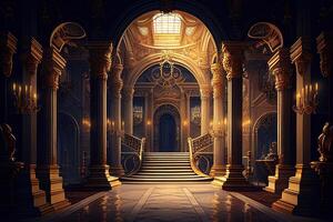 fantasia Palácio interior com dourado decoração e castelo. generativo ai. digital arte ilustração foto