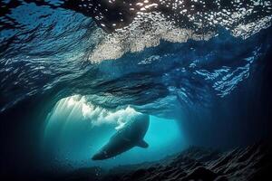 uma mergulho mergulhador embaixo da agua fotografia do ondas dentro a canário da ilha atlântico oceano. profundo azul arte, generativo ai. digital arte ilustração foto