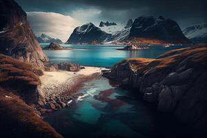 Visualizações a partir de por aí a lofoten ilhas dentro Noruega. generativo ai. digital arte ilustração foto
