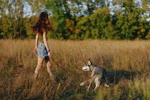 mulher e dela rouco cachorro alegremente caminhando e corrida dentro a Relva dentro a campo sorrir com dentes outono pôr do sol andar com uma bicho de estimação, viajando com uma amigo cachorro felicidade foto