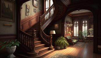 Sombrio gótico mansão corredor dentro vitoriano estilo interior com Escadaria e luminária titulares. generativo ai foto