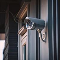 segurança, cctv máquinas fotográficas dentro a escritório prédio, e casa segurança sistema conceito com borrão fundo. ao ar livre cctv segurança Câmera instalado em a construção parede dentro a cidade. generativo ai foto