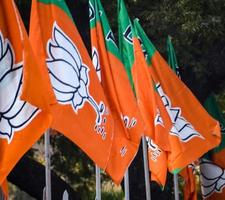 bharatiya janata festa bandeira do indiano político festa, bjp bhartiya janta festa bandeira acenando durante PM estrada mostrar dentro Délhi, Índia foto